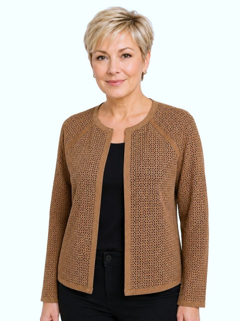 Dana Buchman Camel Tan Perforated Suede Open Jacket